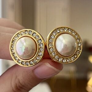 Vintage Christian Dior Classic Pearl Rhinestone Round Gold Clip-On Earrings